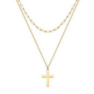 N25- CROSS DOUBLE 18K GOLD PLATED STAINLESS STEEL "CROSSES" NECKLACE