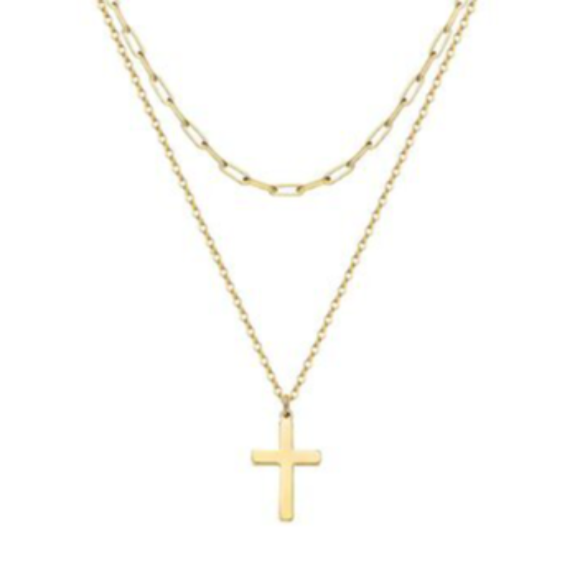 N25- CROSS DOUBLE 18K GOLD PLATED STAINLESS STEEL "CROSSES" NECKLACE Main Image