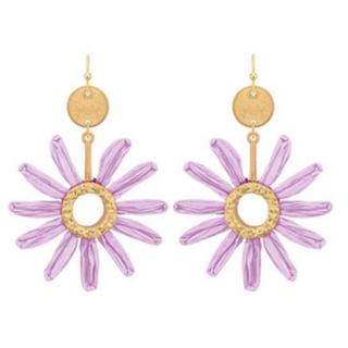 C67- Purple Raffia Flower Drop Earrings 