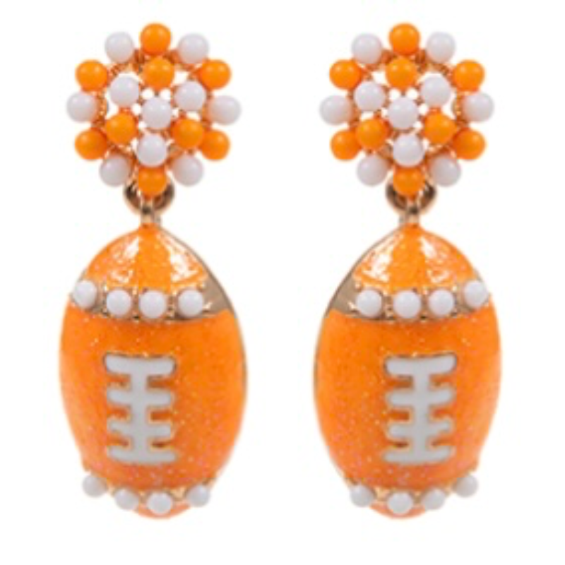 T9- orange & white enamel football ear rings Main Image