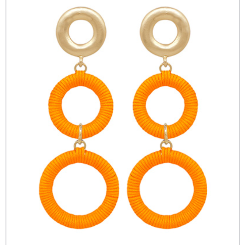 C68- Orange Wrapped 3 Circle Drop Earrings Main Image