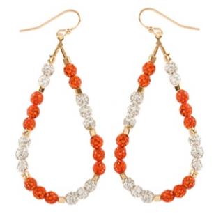 T177- 2” White & Orange Gameday Pave Ball Teardrop Earrings