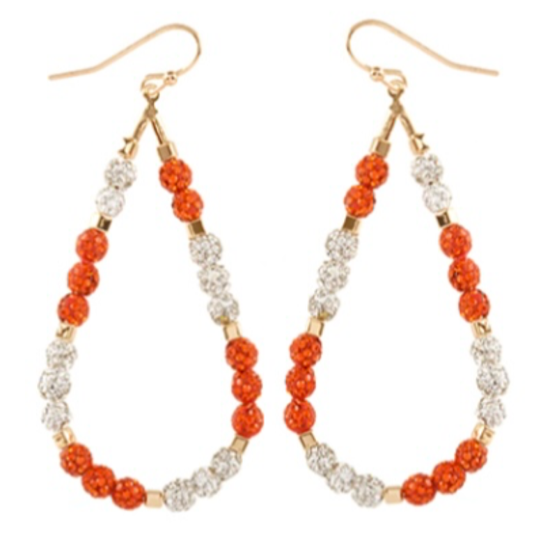 T177- 2” White & Orange Gameday Pave Ball Teardrop Earrings Main Image