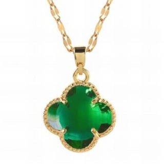 Q31- Green Stone Quatrafoil- 18K GOLD-PLATED STAINLESS-STEEL "FOUR-LEAF CLOVER" NECKLACE