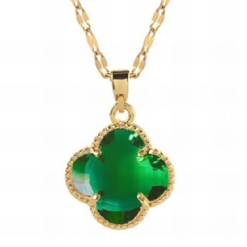 Q31- Green Stone Quatrafoil- 18K GOLD-PLATED STAINLESS-STEEL "FOUR-LEAF CLOVER" NECKLACE Main Image