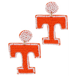 T179- 2.25” Orange and White Letter T Seed Bead Earrings