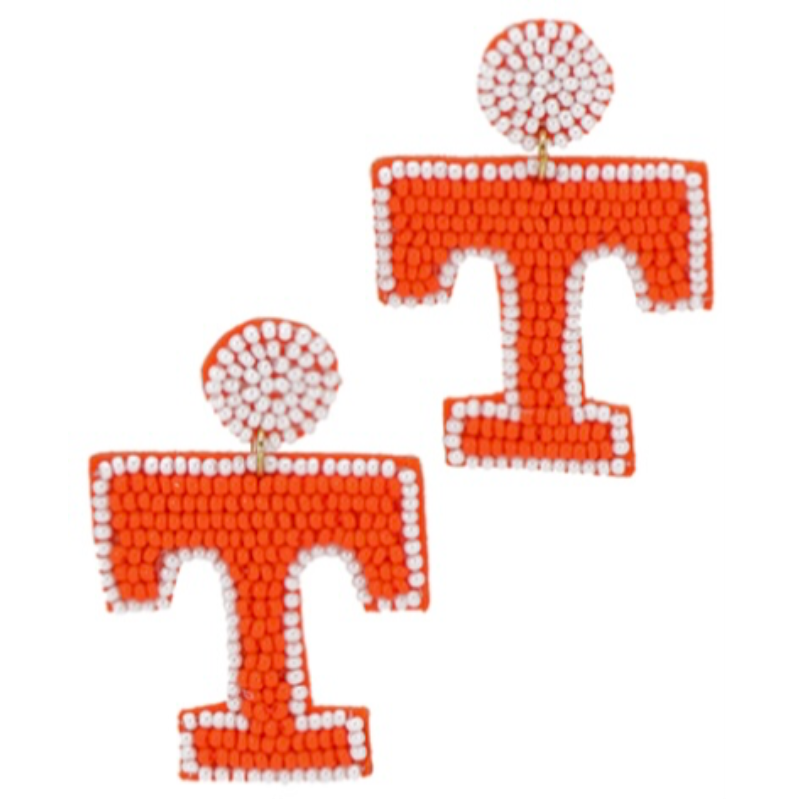 T179- 2.25” Orange and White Letter T Seed Bead Earrings Main Image