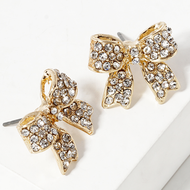 Y26-Crystal Pave 20mm Ribbon Bow Post Stud Earrings (13 color options) - Thumbnail (Preview) 5