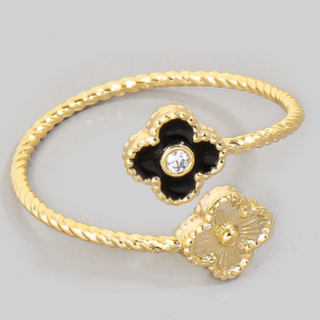 Q57-Double Clover Cz Metallic Open Band Ring (BLACK & WHITE AVAIL)