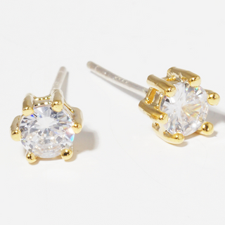 CL15- Gold Dipped 6-Prong Crown 4mm CZ Sterling Silver Post Stud Earrings (available in Gold & Rhodium)