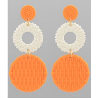 T142- 3.5” Orange/White Woven Design Round Drop Earrings