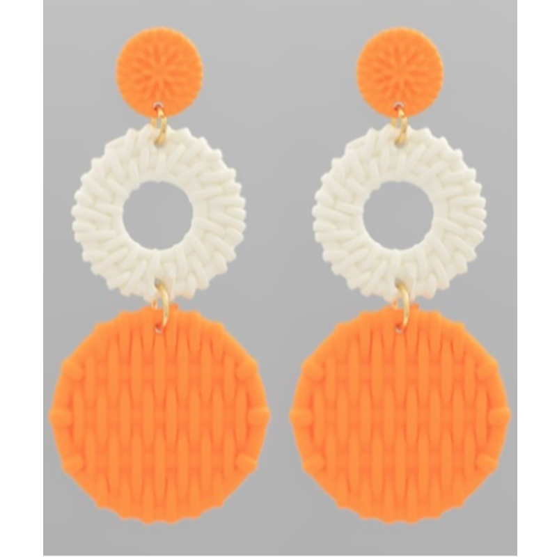 T142- 3.5” Orange/White Woven Design Round Drop Earrings Main Image