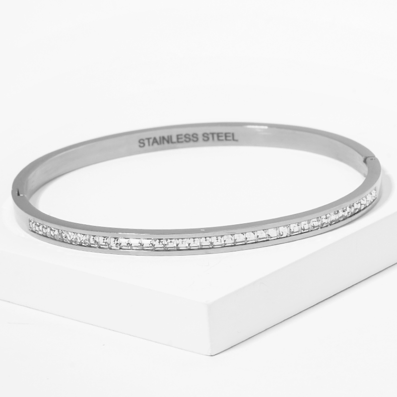 Y12- Crystal Pave Stainless Steel Hinge Bangle Bracelet (also available in white gold) - Thumbnail (Preview) 2