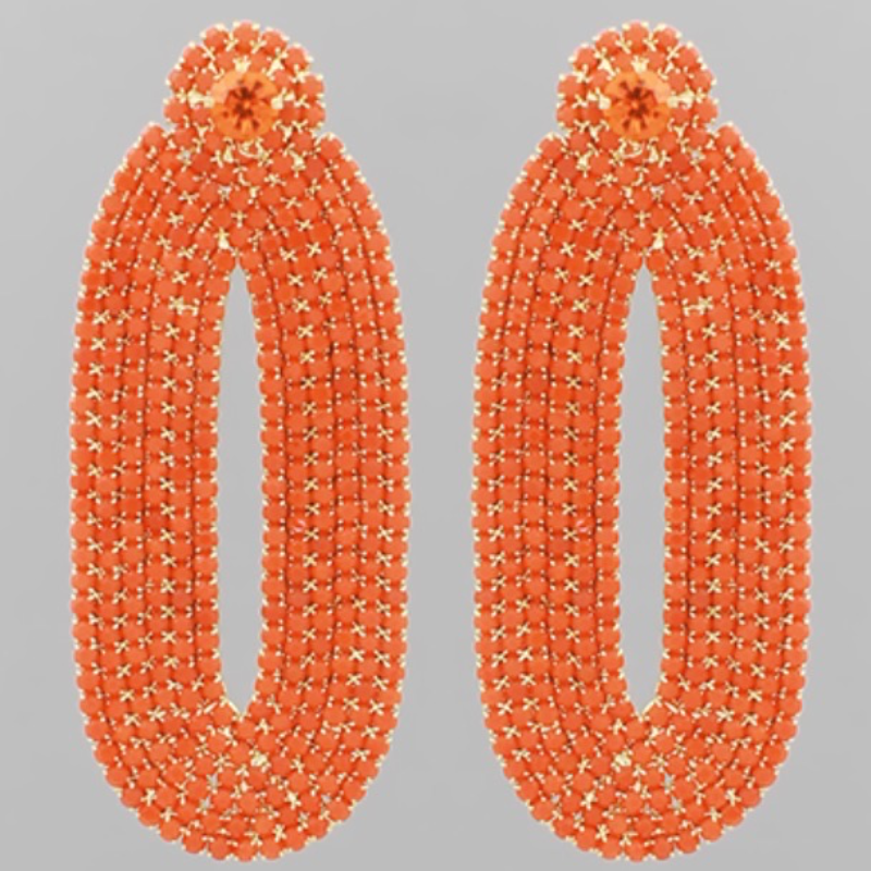 C102- Orange Beaded Stone Oval Shape Earrings  Main Image