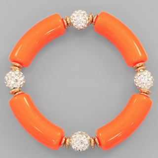 T164- Orange Collegiate Color Bracelet with Crystal, Acetate, Clay balls in a Stretch bracelet