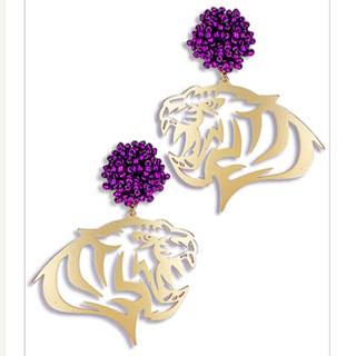 C51--Gold Filigree Tiger Earrings with Purple Bead Pom