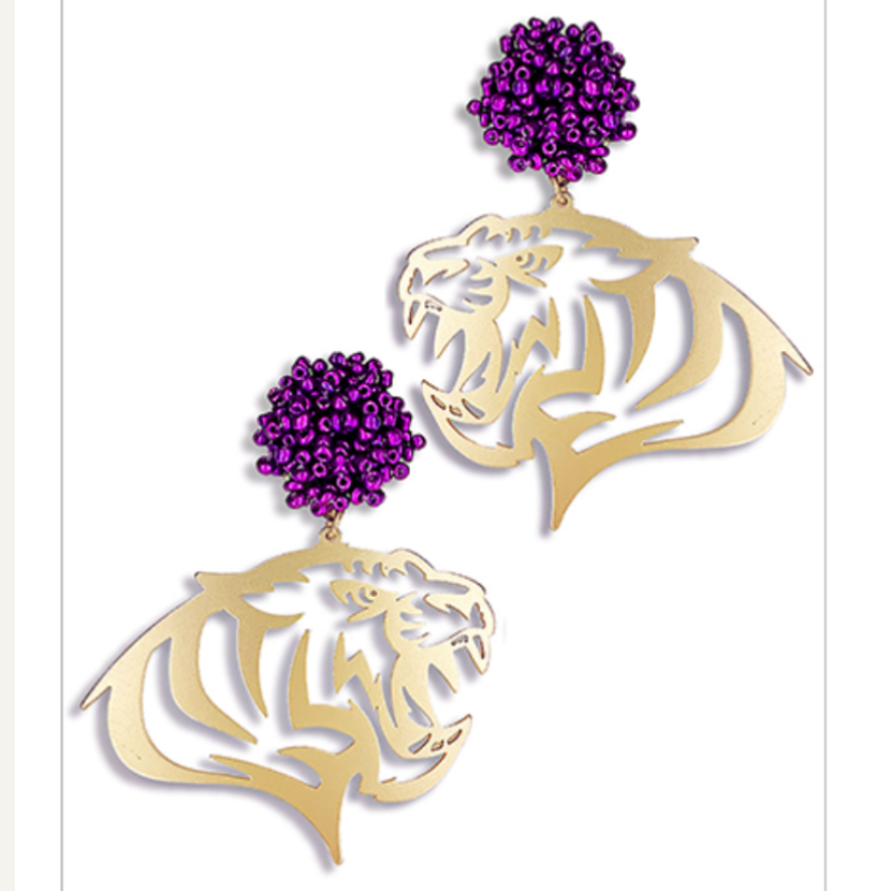 C51--Gold Filigree Tiger Earrings with Purple Bead Pom Main Image