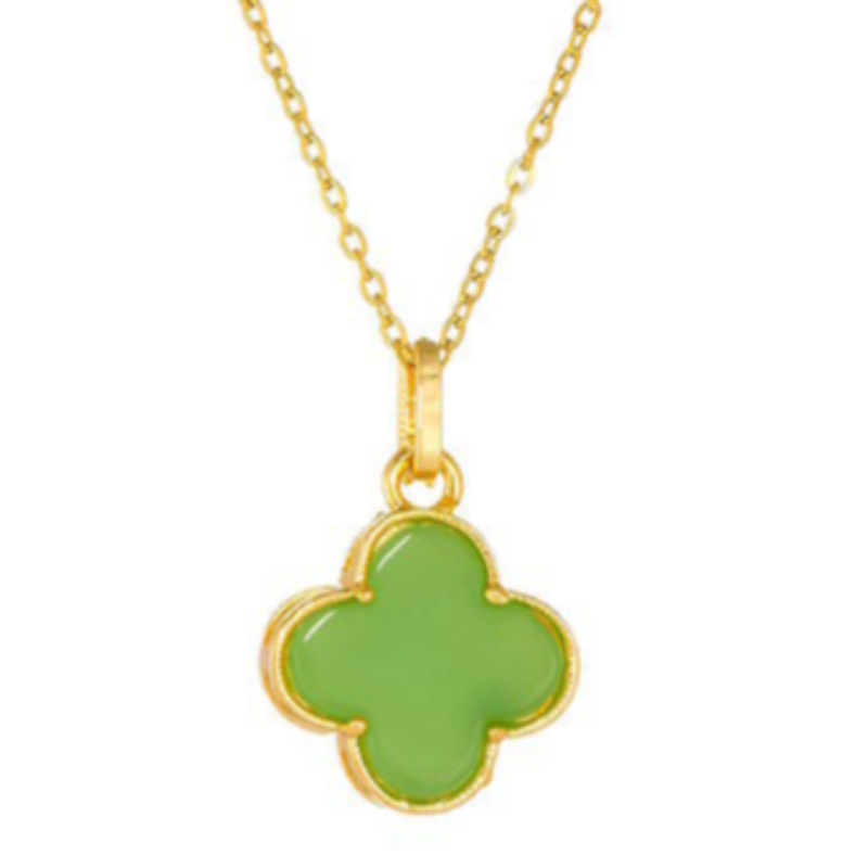 Q37-Lime Green Quatrafoil Pendant Necklace- 18K GOLD PLATED STAINLESS STEEL "FOUR-LEAF CLOVER" NECKLACE Main Image