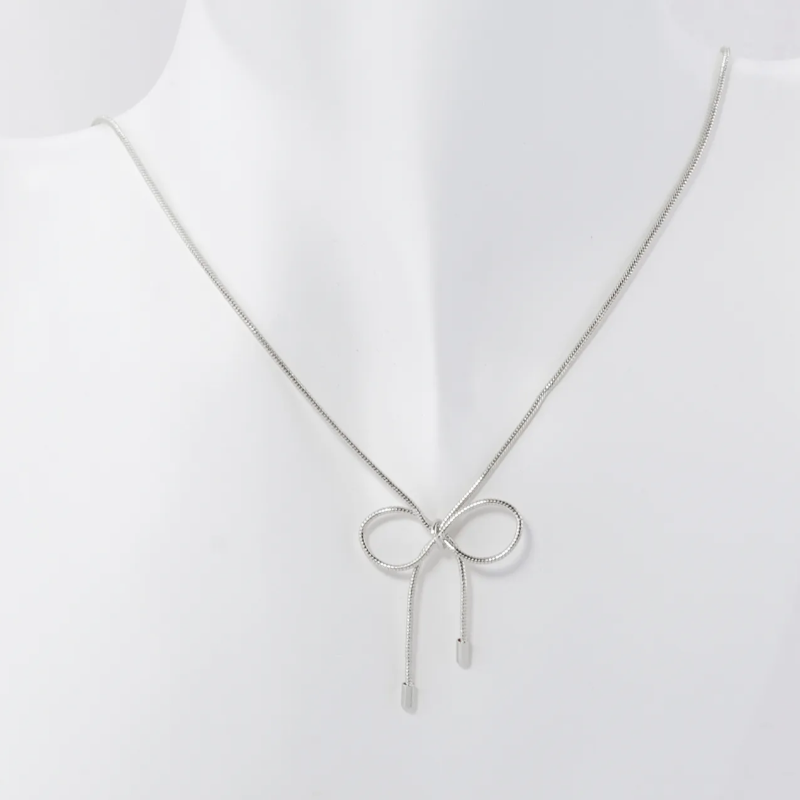 Y23- Silver Snake Chain Ribbon Bow Pendant 16 inch Necklace - Thumbnail (Preview) 2