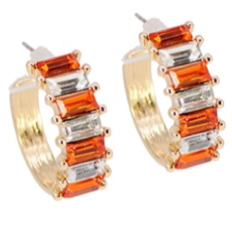 T119- 1” orange & clear Baguette Hoop Earrings- Main Image