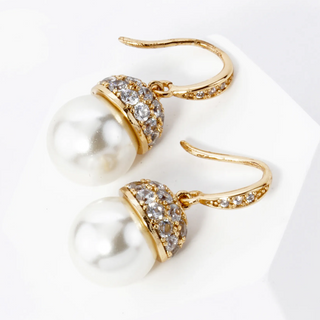 P4-18K Gold Dipped Pave Cubic Zirconia 8mm Pearl Drop Dangle Earrings