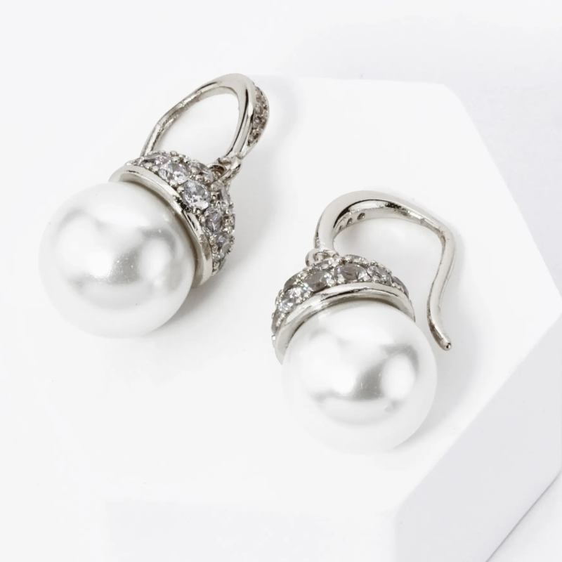 P4-18K Gold Dipped Pave Cubic Zirconia 8mm Pearl Drop Dangle Earrings - Thumbnail (Preview) 2