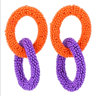 C109- Orange & Purple Oval Linked Seed Bead Earrings