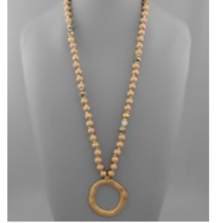 USC53-Circle & Wood Stone Ball Necklace - Thumbnail 2