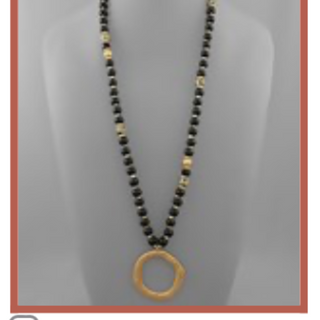 USC53-Circle & Wood Stone Ball Necklace - Thumbnail 4