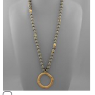 USC53-Circle & Wood Stone Ball Necklace - Thumbnail 3