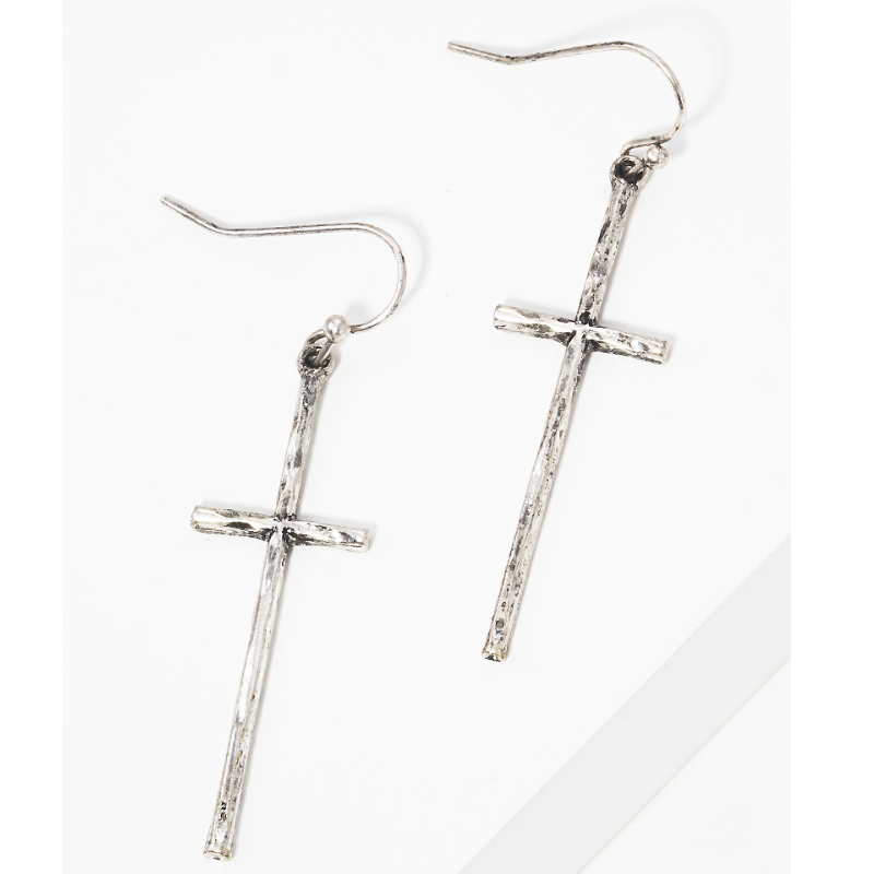 M14- Hammered Cross Metal Fish Hook Dangle Drop Earrings (available in Gold & Silver) - Thumbnail (Preview) 3