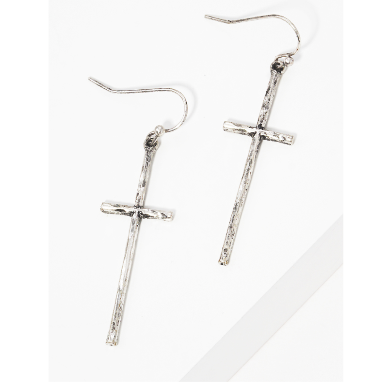 M14- Hammered Cross Metal Fish Hook Dangle Drop Earrings (available in Gold & Silver) Main Image