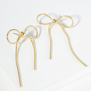 Y22-18K Gold Dipped Brass Snake Chain Ribbon Bow Drop Post Earrings