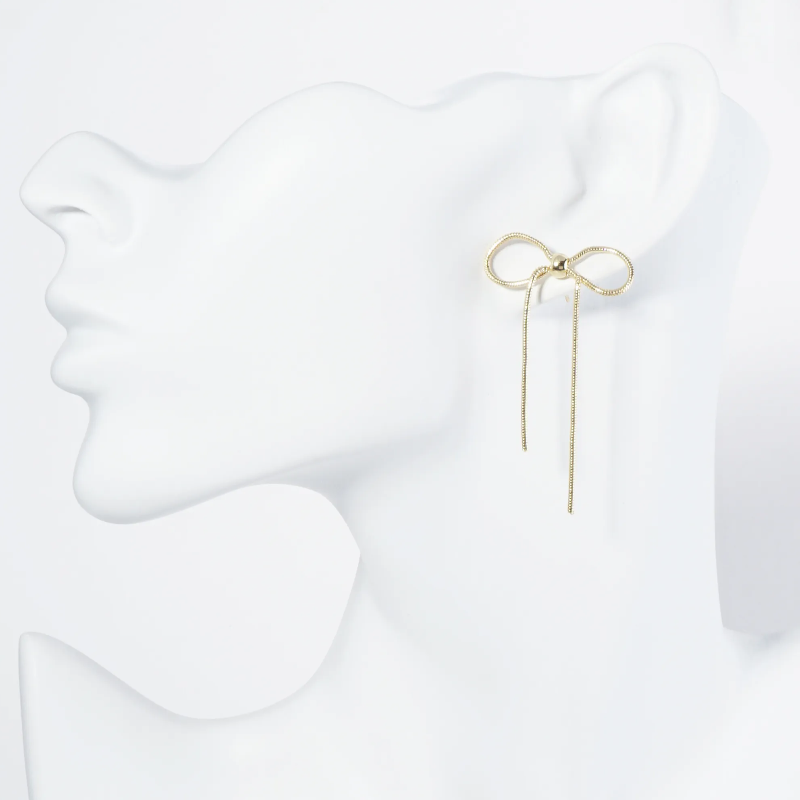 Y22-18K Gold Dipped Brass Snake Chain Ribbon Bow Drop Post Earrings - Thumbnail (Preview) 4