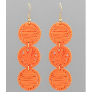 T33- Orange Linked 3 Circle Raffia Drop Earrings 3”