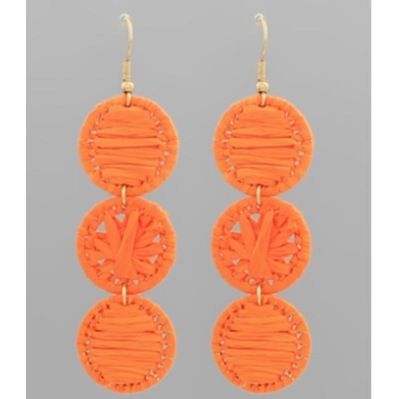 T33- Orange Linked 3 Circle Raffia Drop Earrings 3” Main Image