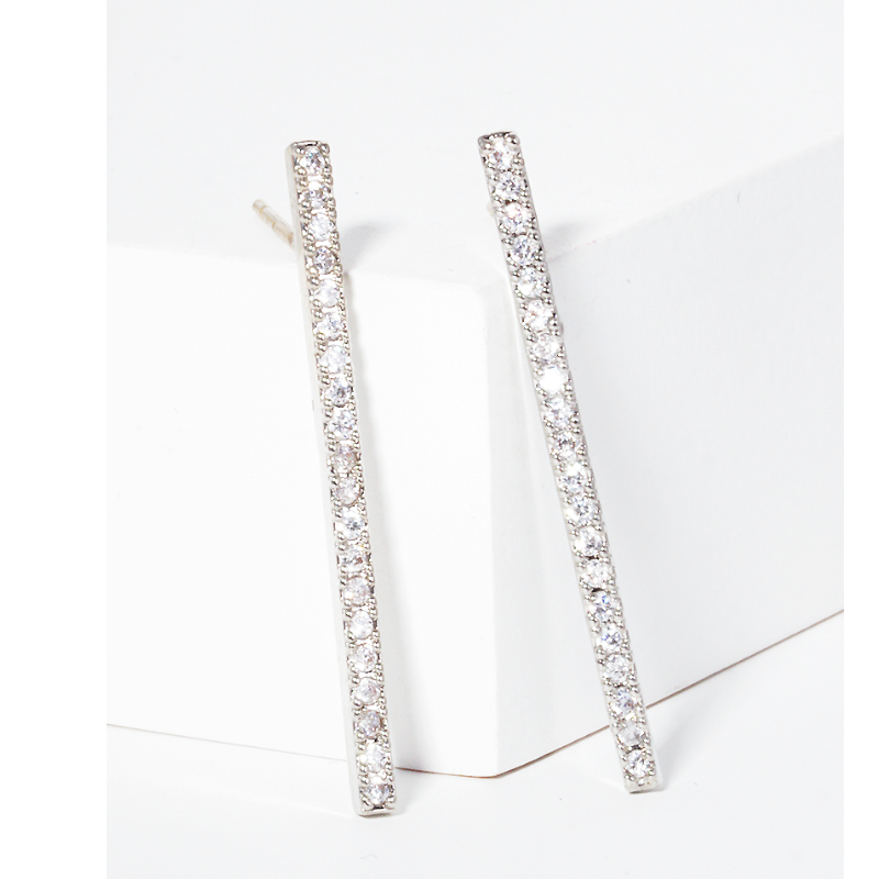 Y15- White gold dipped 30mm bar CZ sterling silver post stud earring (also available in gold) - Thumbnail (Preview) 2