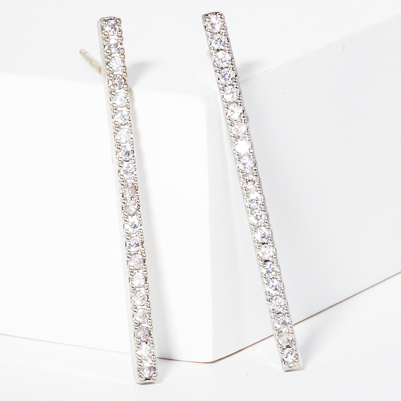 Y15- White gold dipped 30mm bar CZ sterling silver post stud earring (also available in gold) Main Image