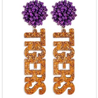 C101-Purple Beaded Pompom Orange Glitter TIGER Letter Earring