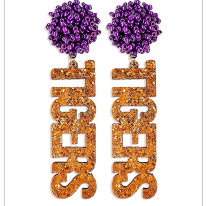 C101-Purple Beaded Pompom Orange Glitter TIGER Letter Earring Main Image