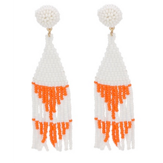 T148- 3.75” White & Orange Bead Triangle Tassel Earrings