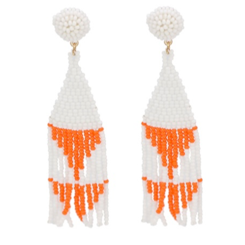 T148- 3.75” White & Orange Bead Triangle Tassel Earrings Main Image