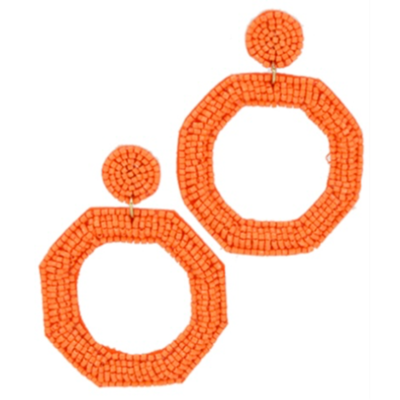 T182-2.5” Orange Seed Beaded Octagon Earrings Main Image