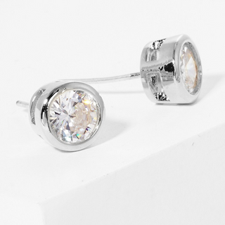 CL19-White gold dipped 6mm round bezel CZ sterling silver post stud earrings