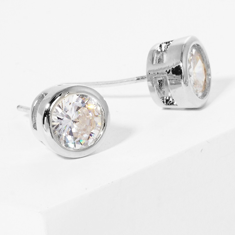 CL19-White gold dipped 6mm round bezel CZ sterling silver post stud earrings Main Image