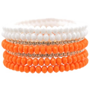 T84- Orange/White & Crystal 7 Row Seed Bead Bracelet