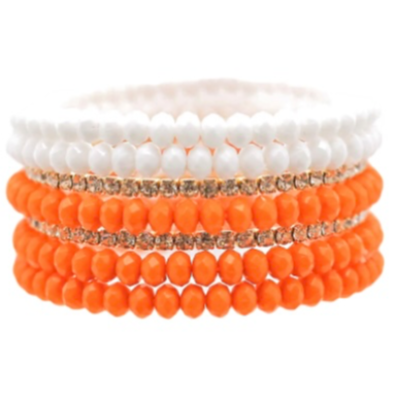 T84- Orange/White & Crystal 7 Row Seed Bead Bracelet Main Image