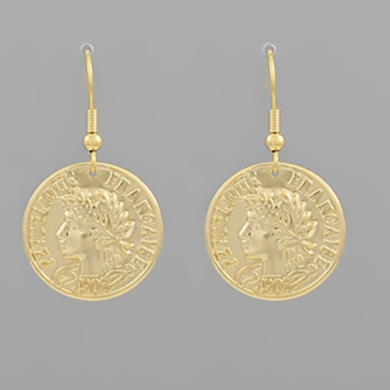 M94- Brass Embossed Coin Drop Earrings Main Image