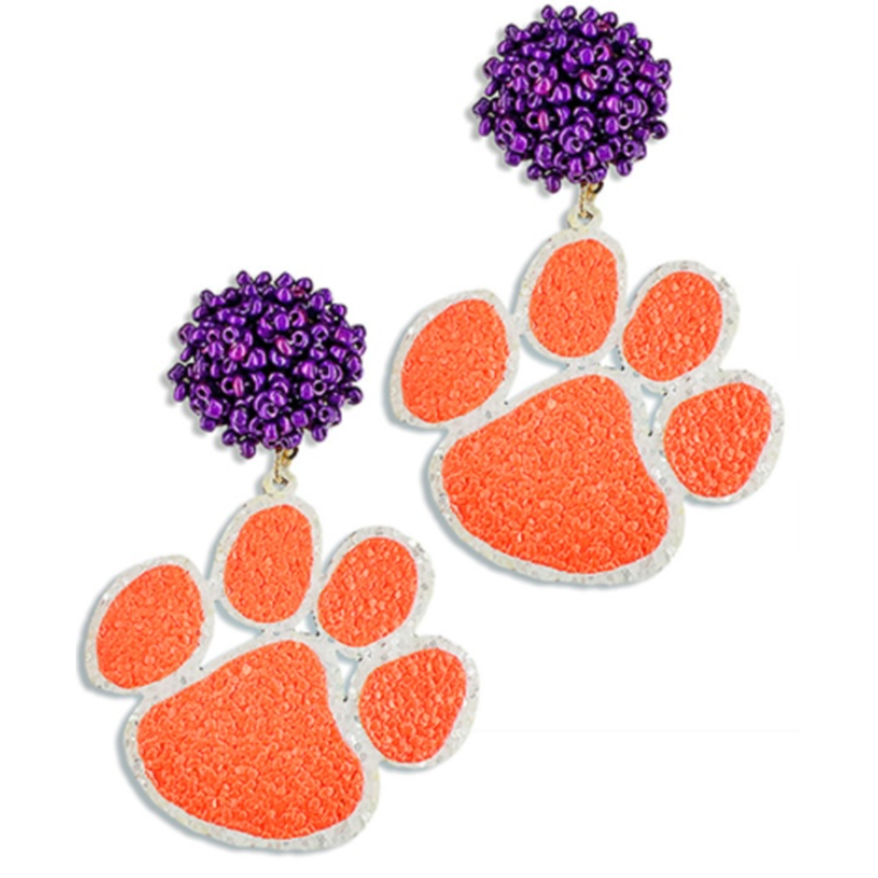 C13- Tiger Paw Earring with purple beaded Pom Main Image