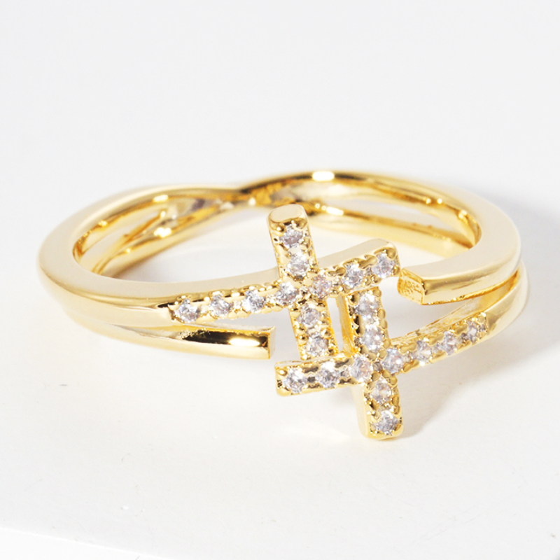 Y9- White Gold Dipped CZ Cross Adjustable Cuff Ring (also available in white gold) Main Image